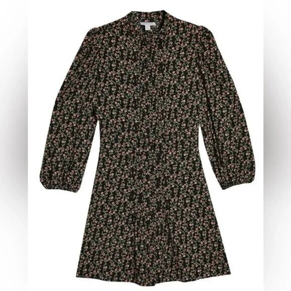 TOPSHOP Tiny Front Pleats Long Sleeve Mini Dress Sz 12 in Black Floral Multi NWT - Picture 3 of 8